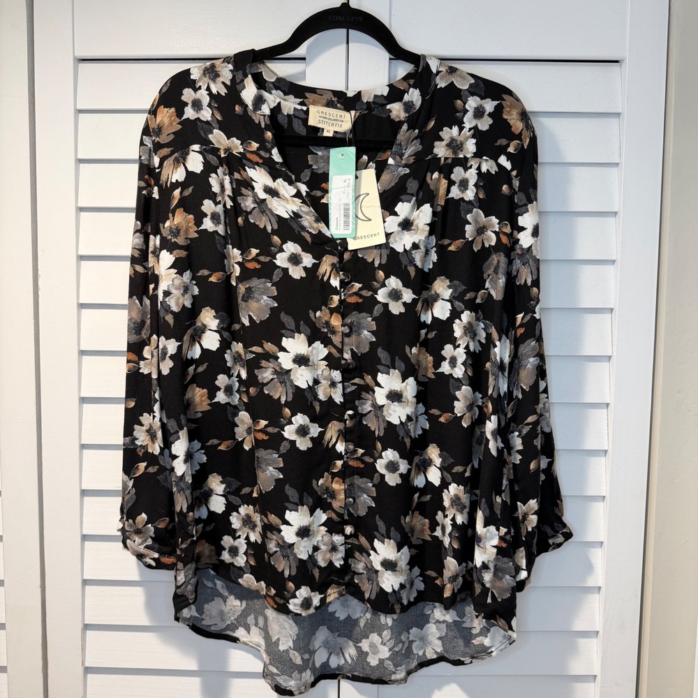 Crescent Healy Floral Button Down Top XL Black Stitch Fix Long Sleeve Blouse New